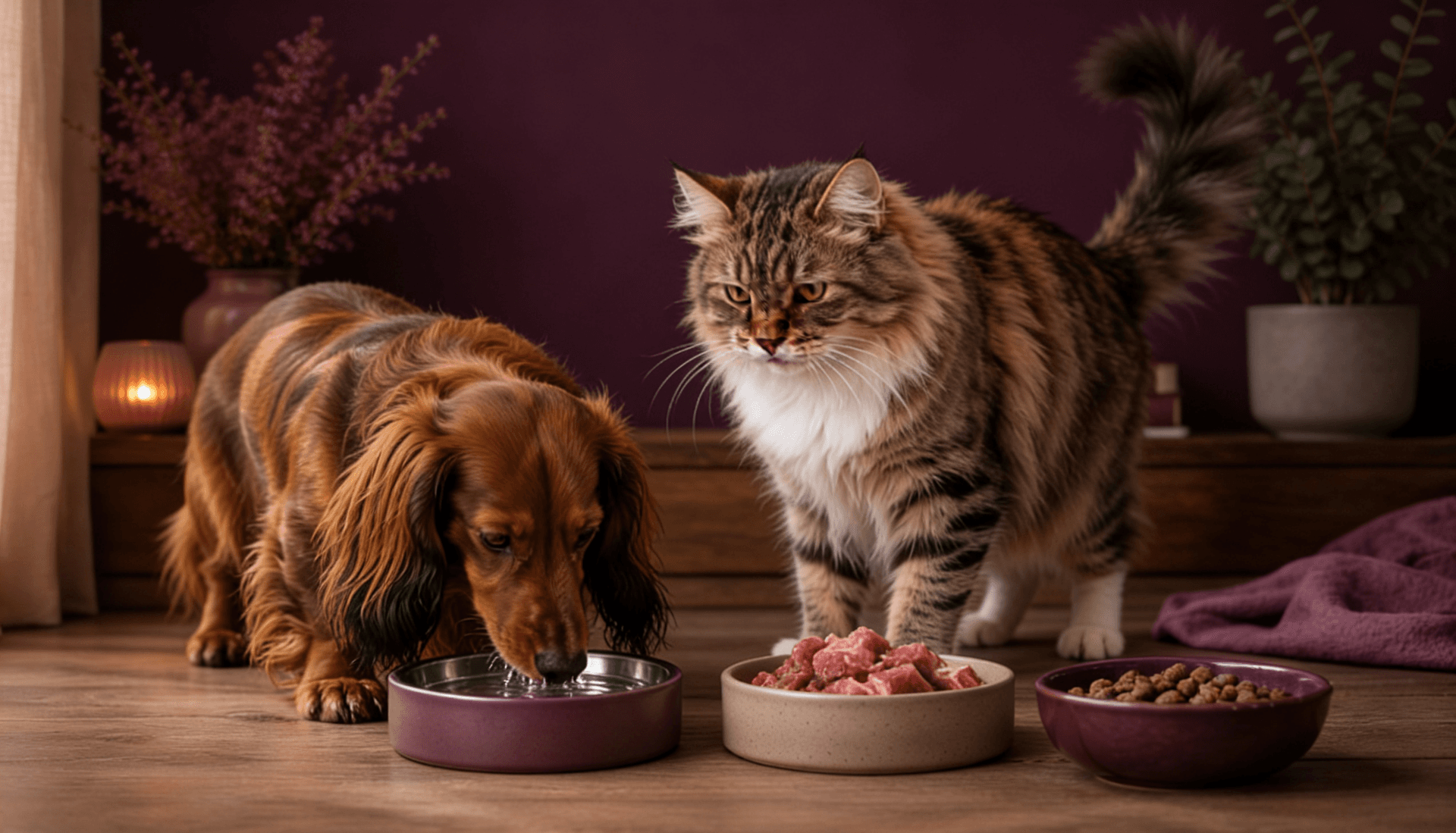 Langharige teckel en kat die samen eten bij het Persoonlijk Voedingsrapport van Happy Tails.