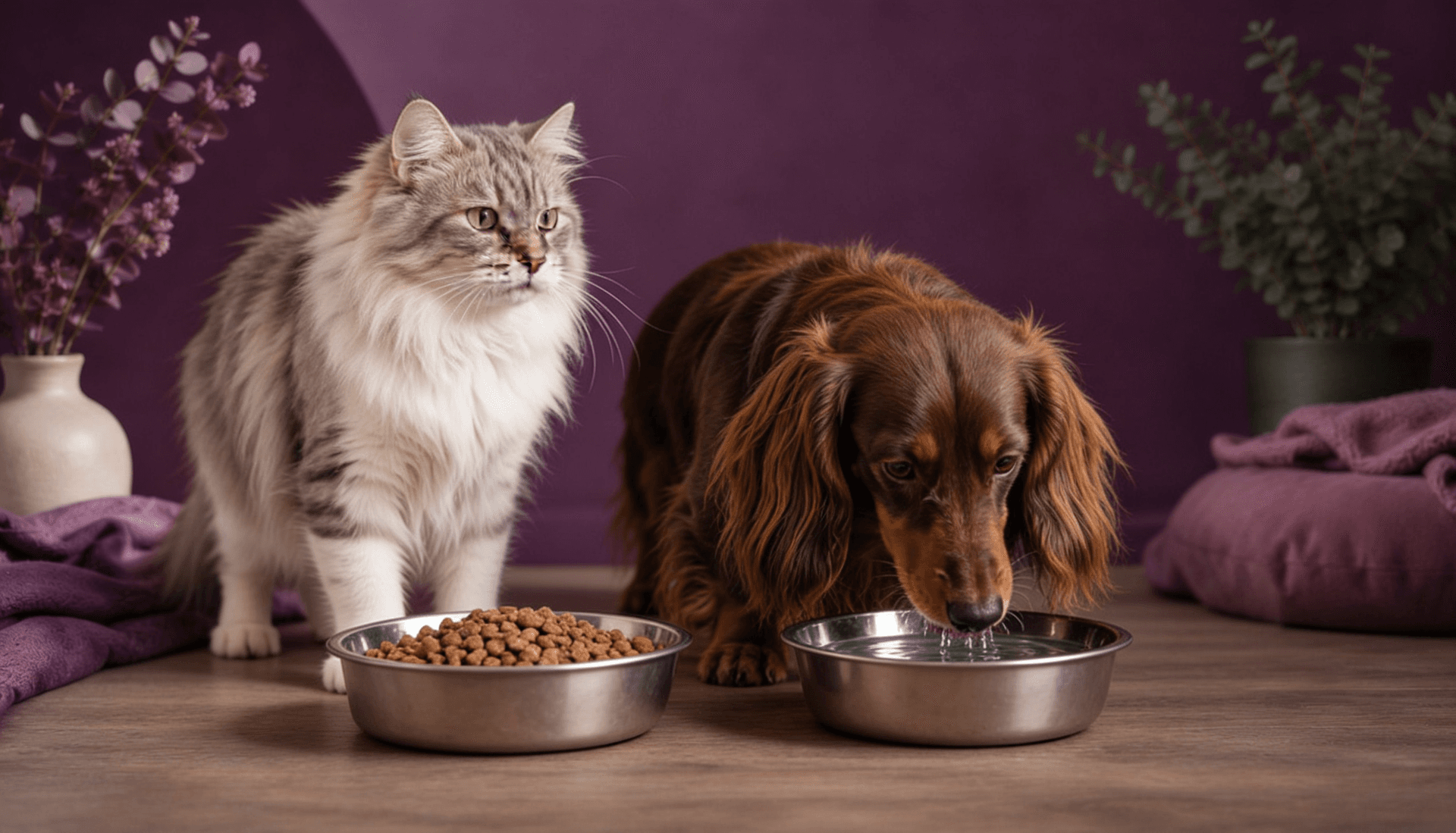 Langharige teckel en kat die samen eten bij uitleg over het Persoonlijk Voedingsrapport.