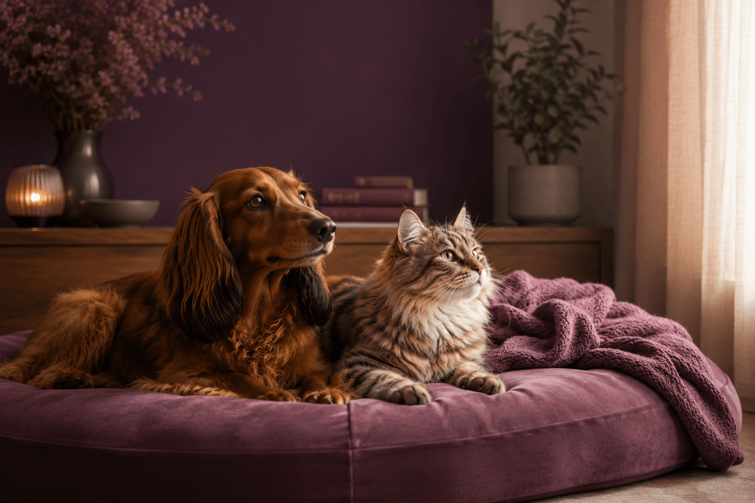 Langharige teckel en kat ontspannen samen bij de diensten van Happy Tails.