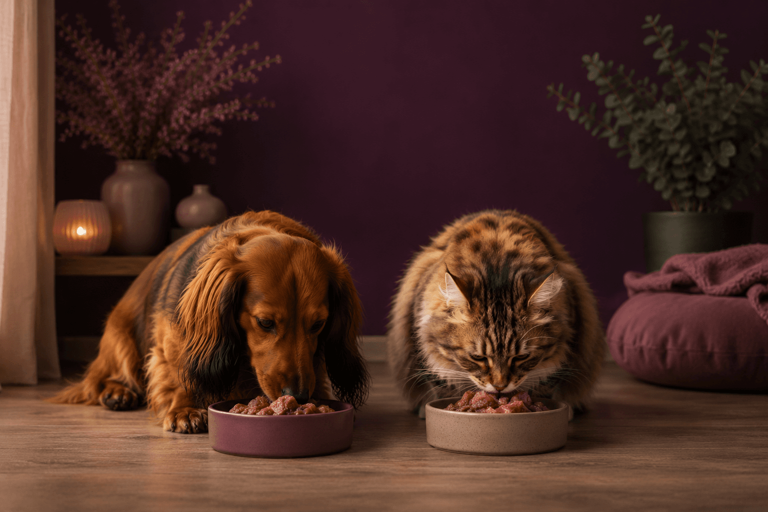 Langharige teckel en kat die samen eten bij de Diepgaande Etiketcheck van Happy Tails.