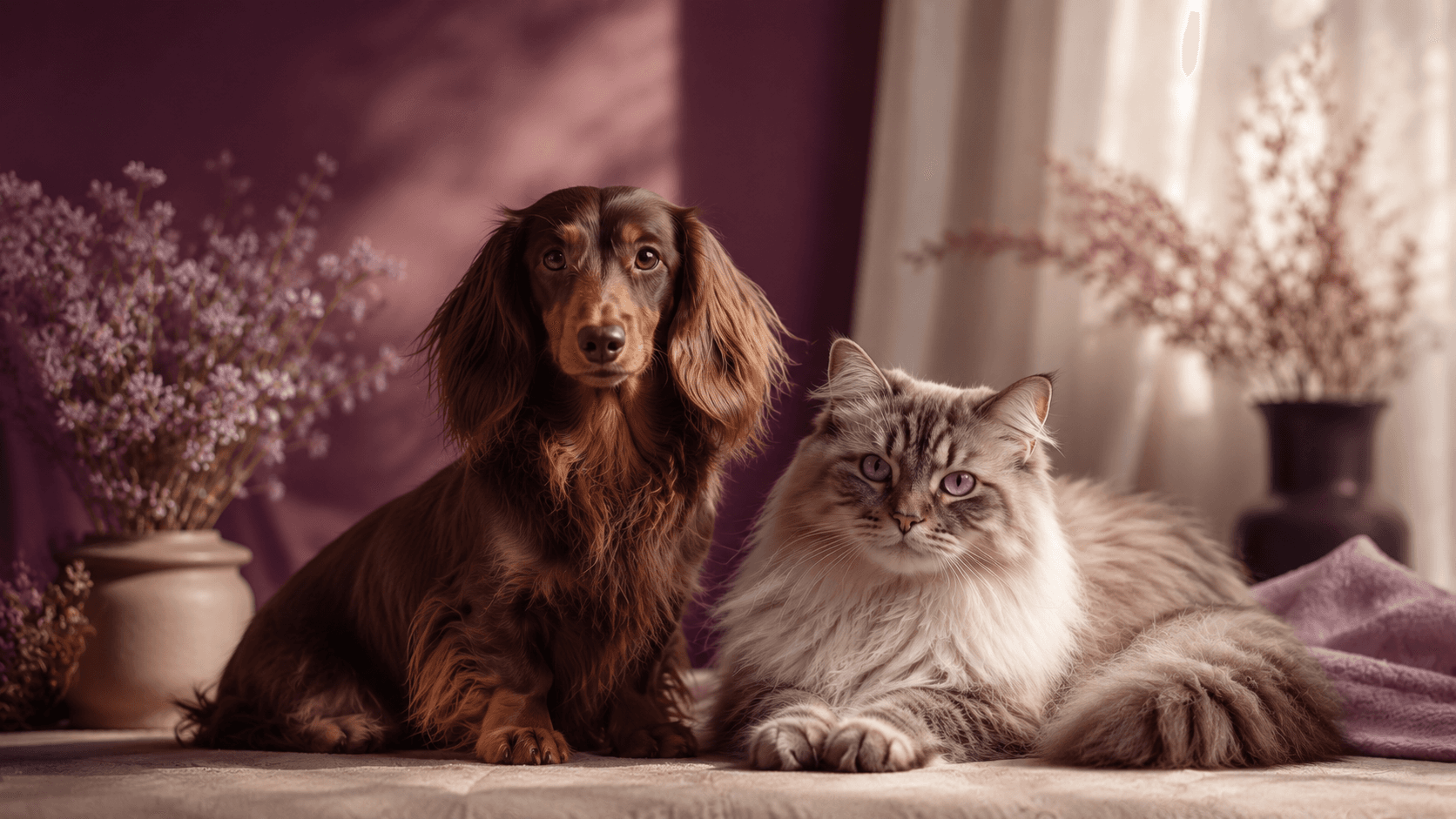 Langharige teckel en kat in warme Happy Tails sfeer voor de kennisbank over voeding en welzijn.