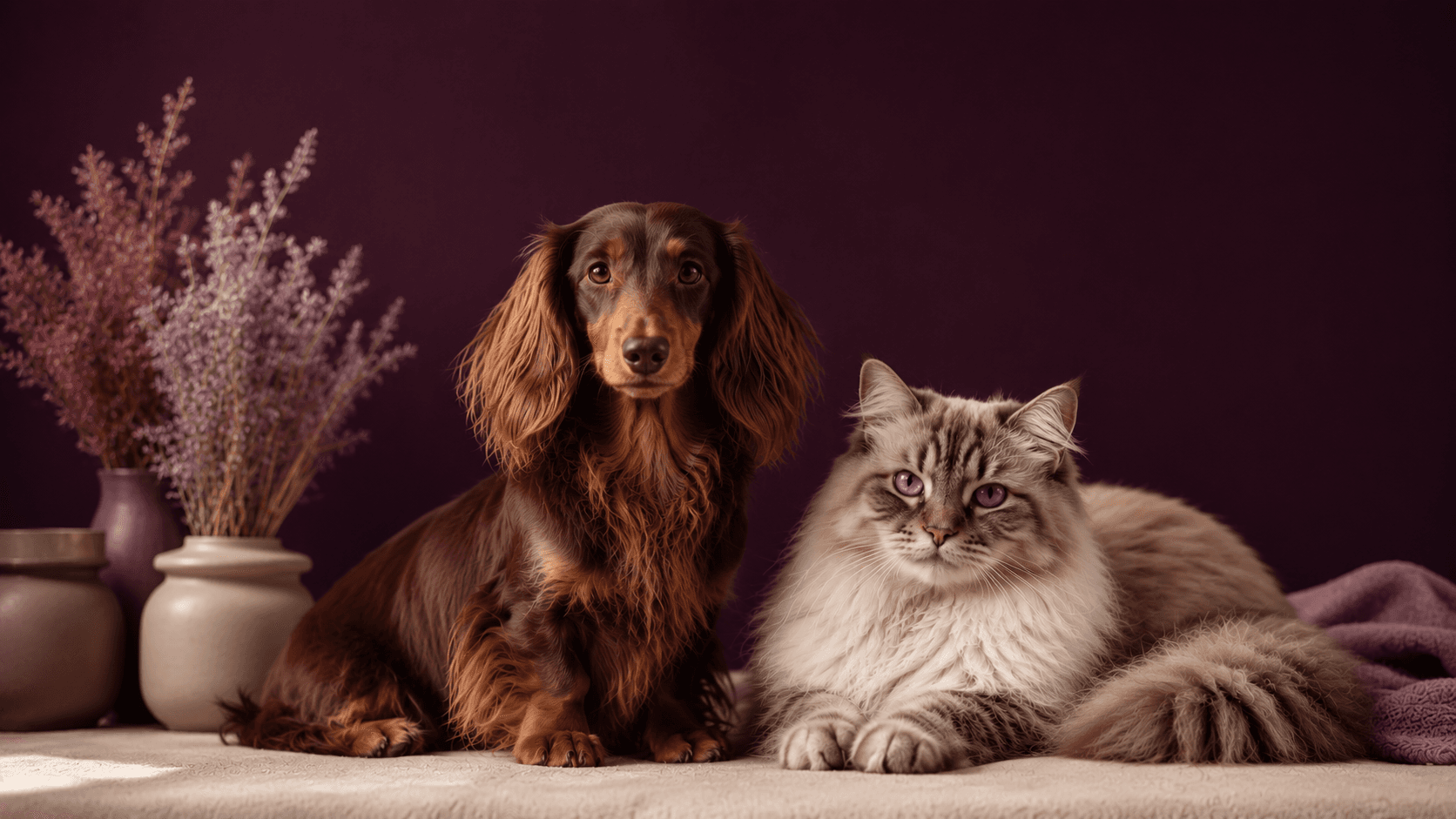 Langharige teckel en kat bij de gratis etiketcheck voor honden en katten.