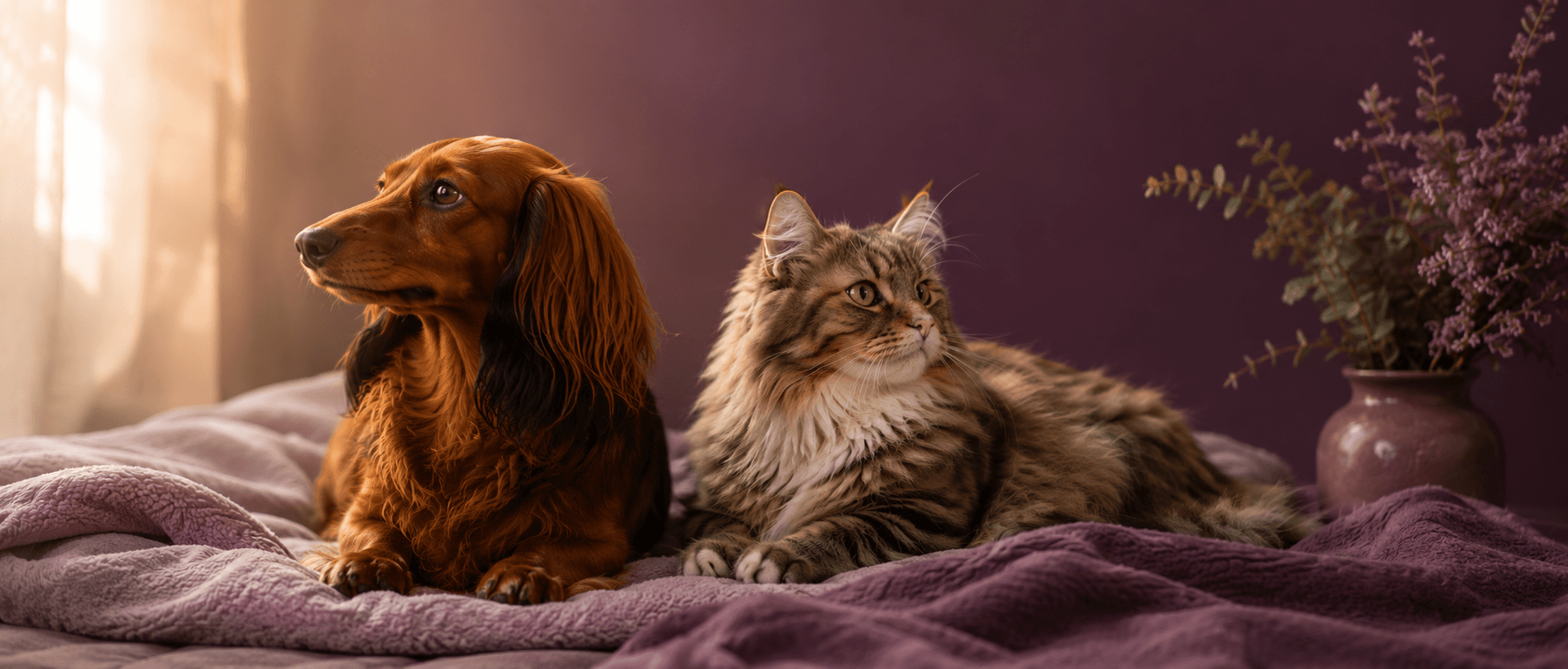 Langharige teckel en kat die samen ontspannen op de contactpagina van Happy Tails.