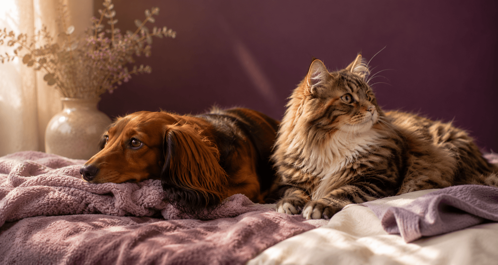 Langharige teckel en kat die samen ontspannen liggen bij de gratis checks van Happy Tails.
