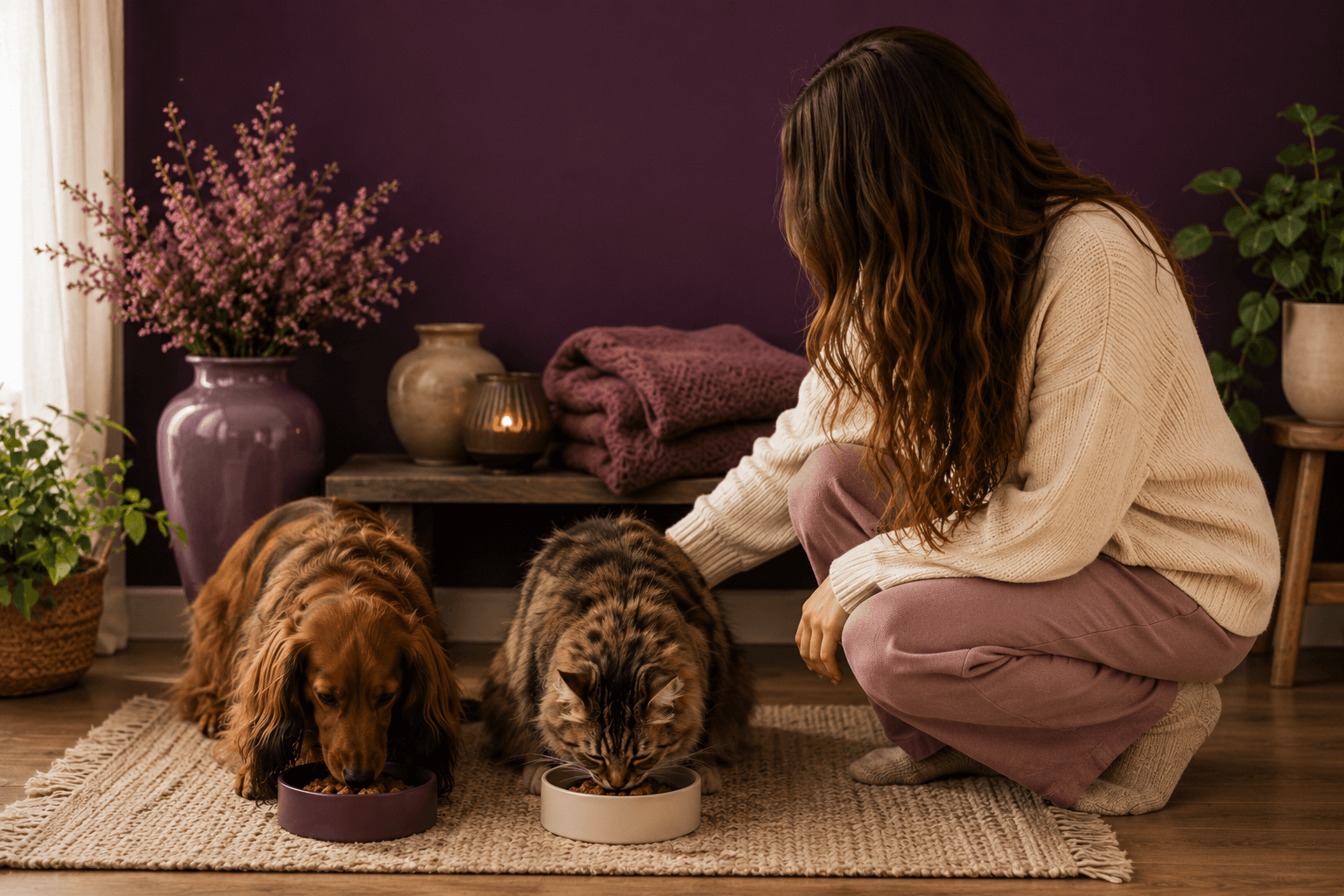 Vrouw met langharige teckel en kat tijdens een rustig eetmoment bij uitleg over wat de Diepgaande Etiketcheck oplevert.