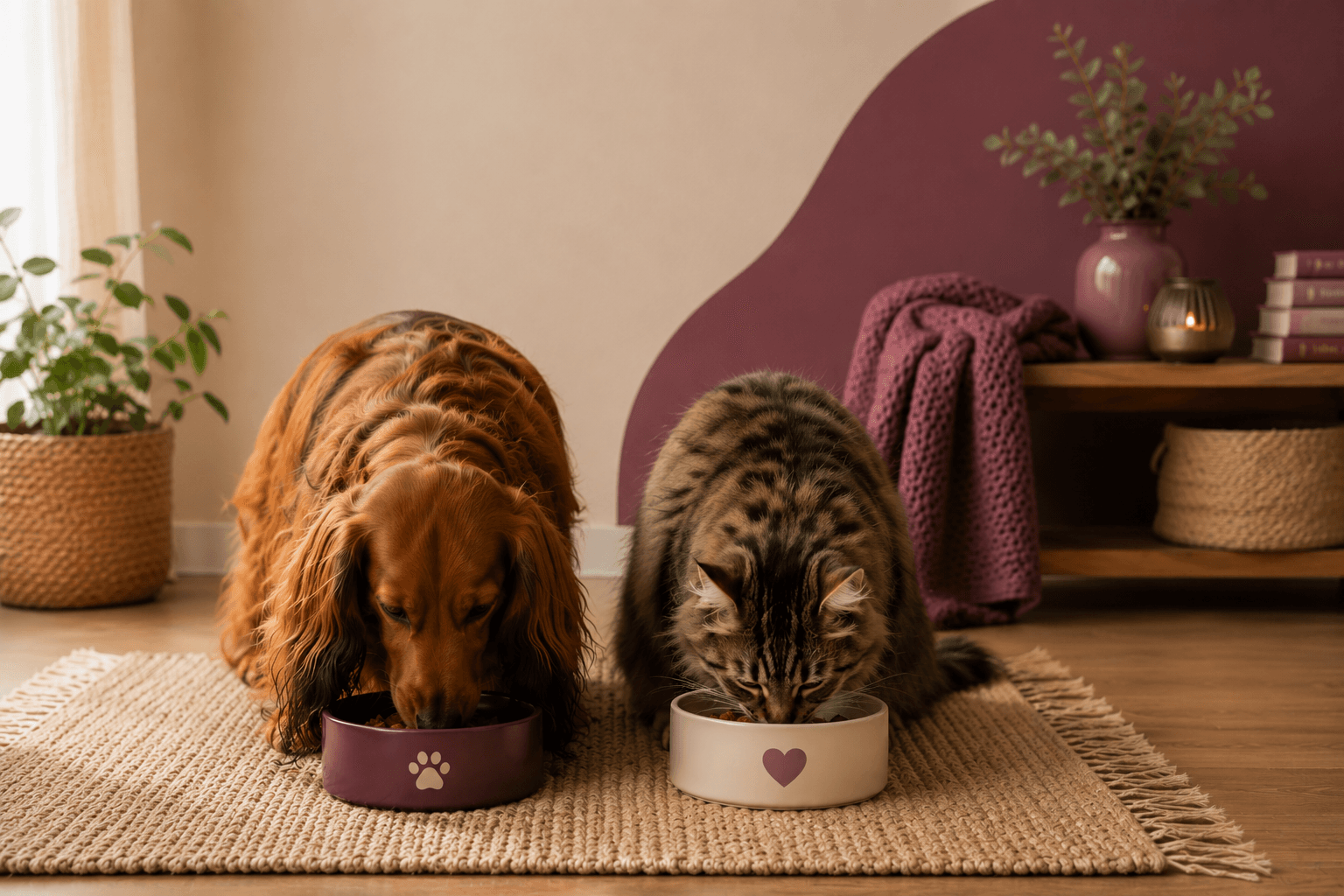 Langharige teckel en kat die samen eten bij uitleg over voor wie de Diepgaande Etiketcheck geschikt is.