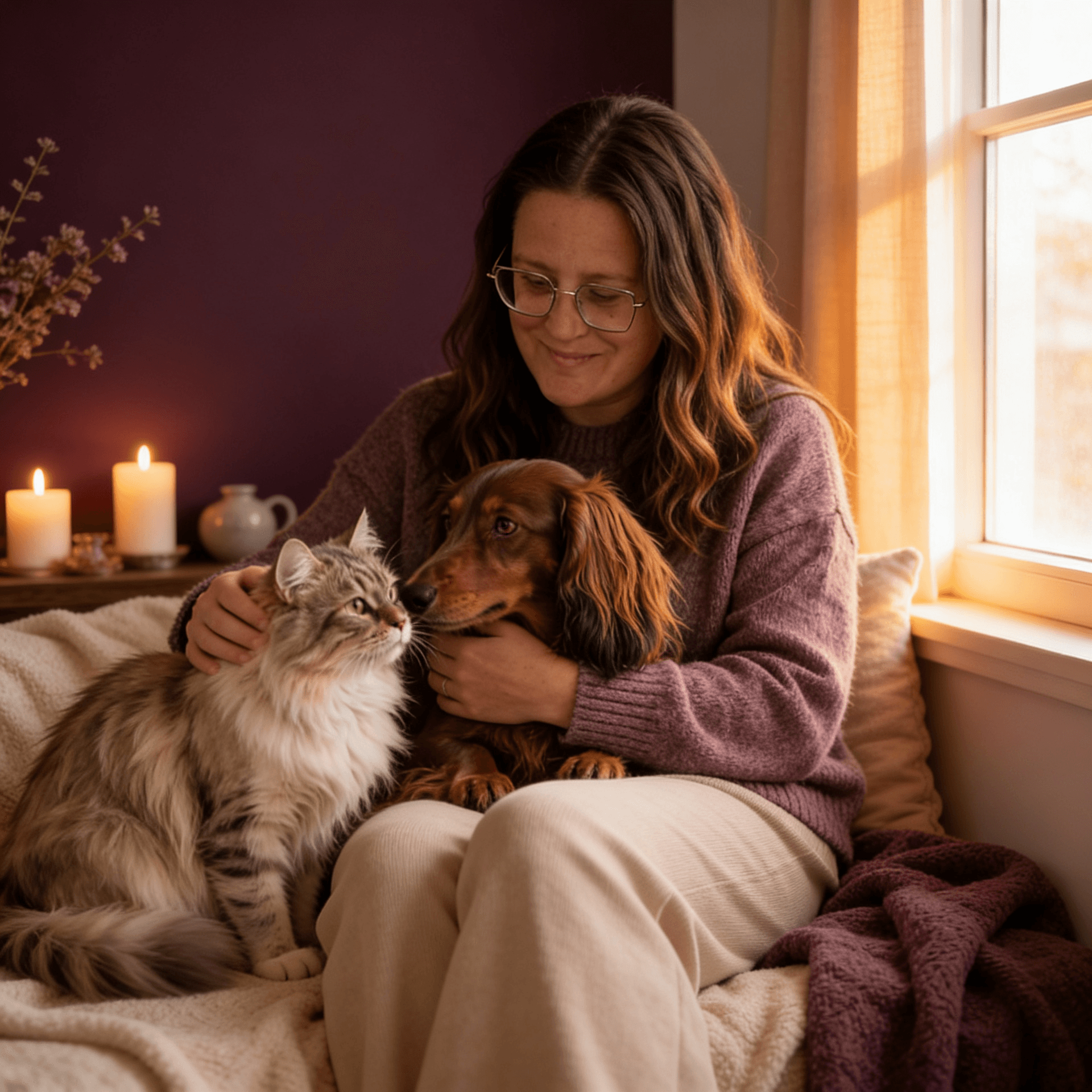 Sabine met langharige teckel naast het contactformulier van Happy Tails.