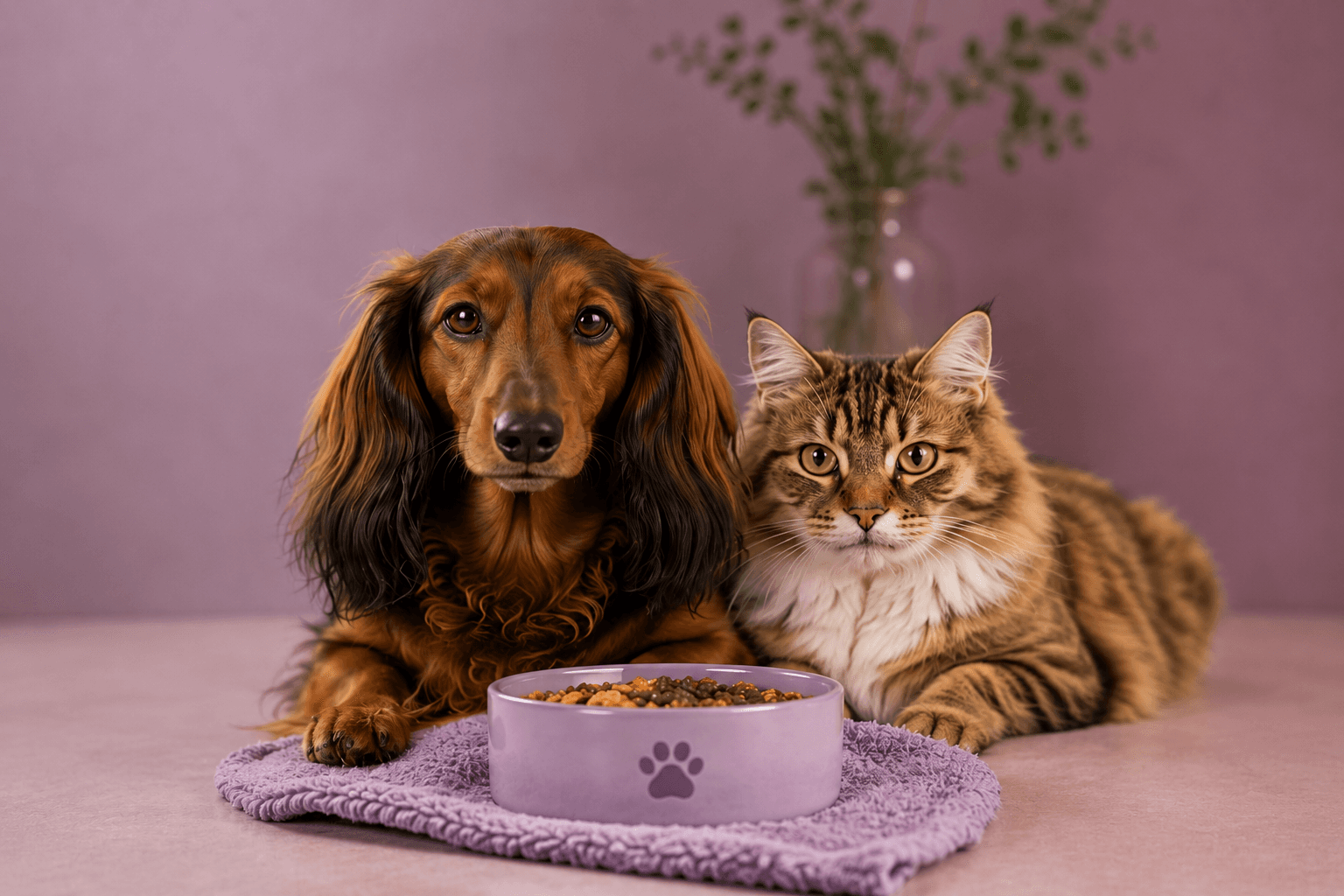 Hond en kat samen aan het eten bij het Persoonlijk Voedingsrapport van Happy Tails.