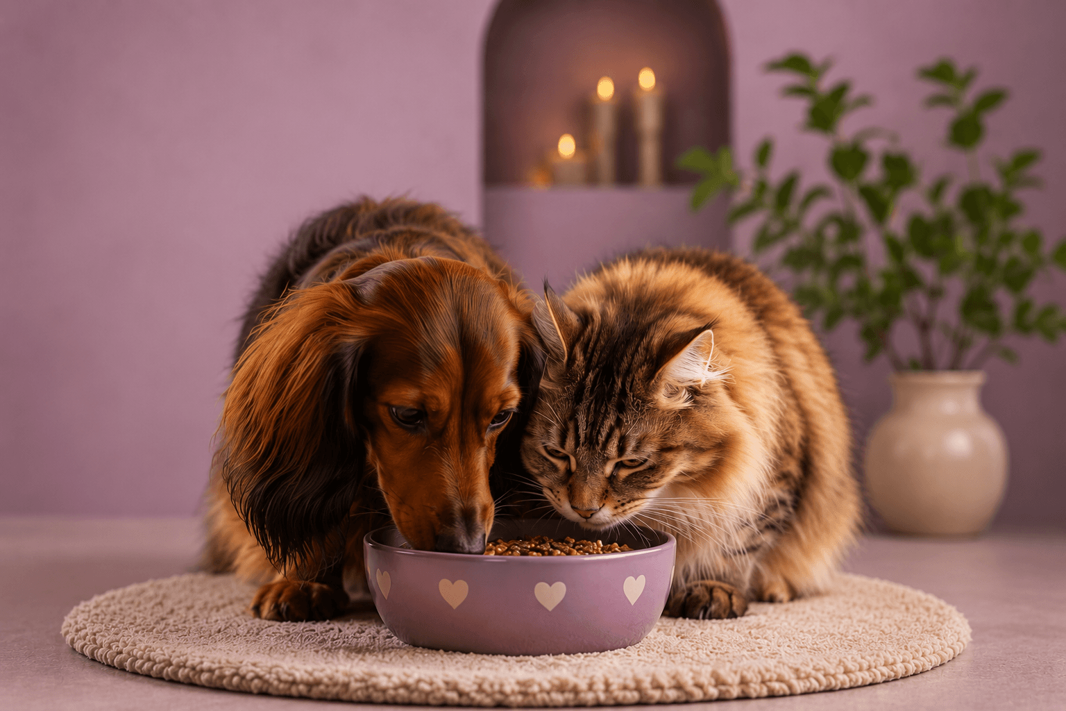 Hond en kat samen aan het eten bij de Diepgaande Etiketcheck van Happy Tails.