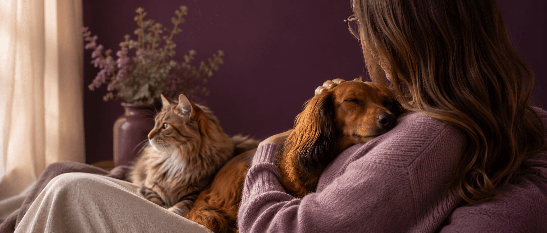 Vrouw met lang bruin haar, langharige teckel en kat op de bank in warme huiselijke sfeer.