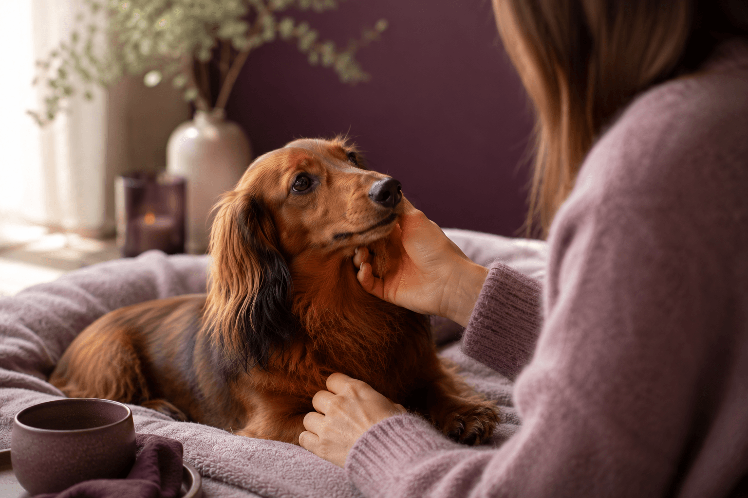 Vrouw met langharige teckel op schoot, Happy Tails nieuwsbrief